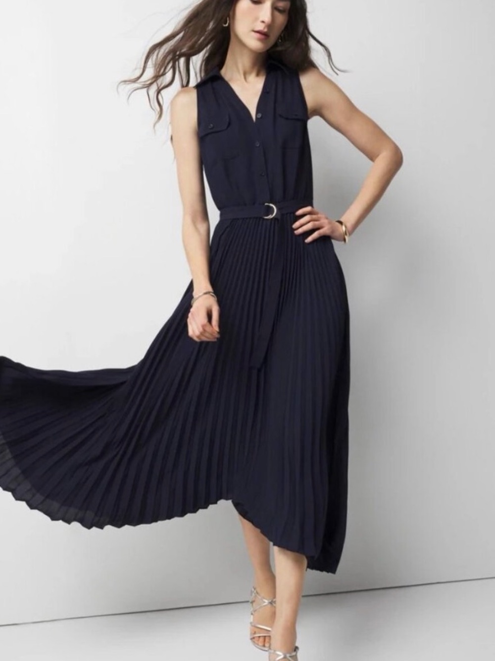 WHBM Sleeveless Pleated Midi Shirt Dress in Navy SIZE 6 - Picture 1 of 9